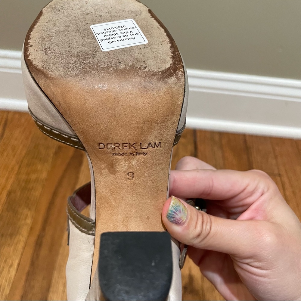 Derek Lam Two-Tone Peep Toe Block Heel Sandals Beige Brown Women’s Size 9 - Picture 10 of 11